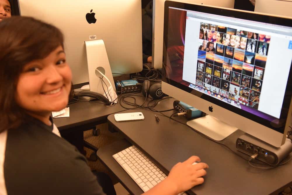 Teen Miss Cherokee Madison Hyelong working on a “scary short” in a film production class.