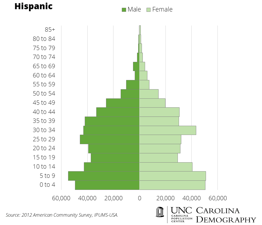 NC Hispanic Population by Age and Sex, 2012 ACS