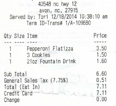 Alex's receipt for food