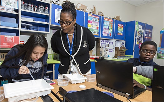 Tonya Little, center, Riverside Middle School's assistant principal, observes as Sandra Garcia, left, and Timothy Maxie, right, work on their flatworm experiments. Little is also the Martin County Schools STEM coordinator.