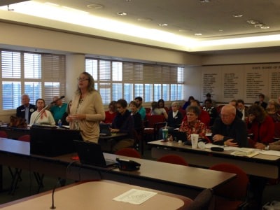 Andrea Dillon speaks to the Academic Standards Review Commission Monday (Photo Credit: Jess Clark/WUNC)