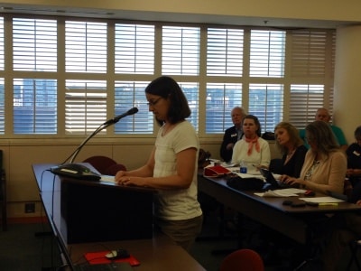 Elizabeth Berg speaks at Monday's meeting of the Academic Standards Review Commission (Photo Credit: Jess Clark/WUNC)