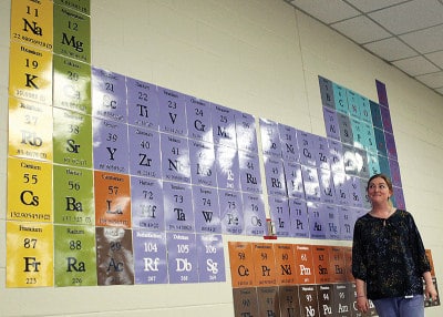 Make-your-own classroom — Many teachers like Patty Korman dig into their won pockets to create resources for their classrooms. Korman made a periodic table with her own money for her chemistry class at Bunn Middle School. (Photo credit: Ricky Leung)