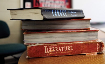 Read and worn — Textbooks at Bunn Middle School in Franklin County. Budget cuts have made new book purchases impossible for the past several years. (Photo credit: Ricky Leung)