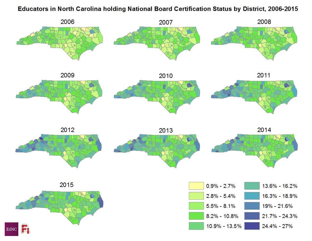 Educators in North Carolina holding National Board Certification Status by district, 2006-2015