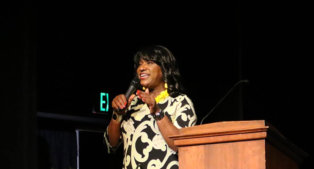 Sharon Frazier, parent involvement program manager for the Winston-Salem/Forsyth County Public Schools speaking at the Parent Power event. (Photo credit: Todd Brantley/EducationNC)