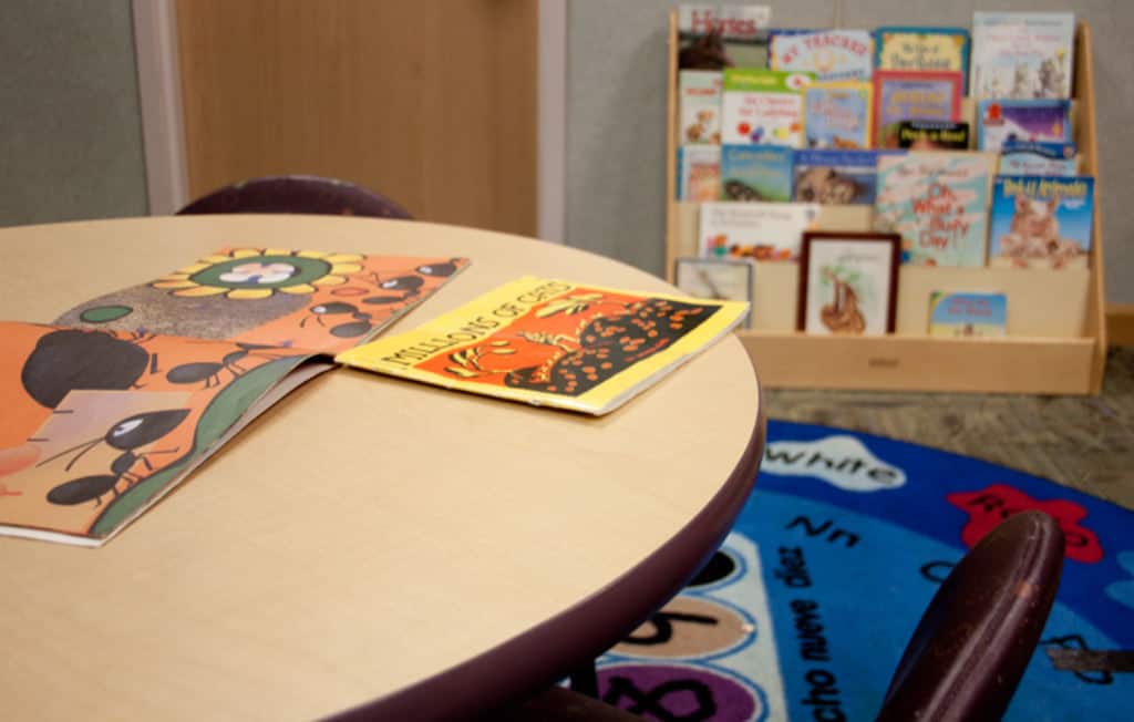 The pediatrics clinic waiting room at the Downtown Health Plaza has books families are welcome to take home.