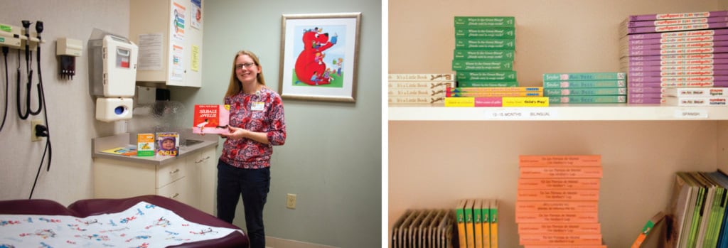 Dr. Anna Miller-Fitzwater in a patient room at Downtown Health Plaza, and a peek inside the book cupboard.