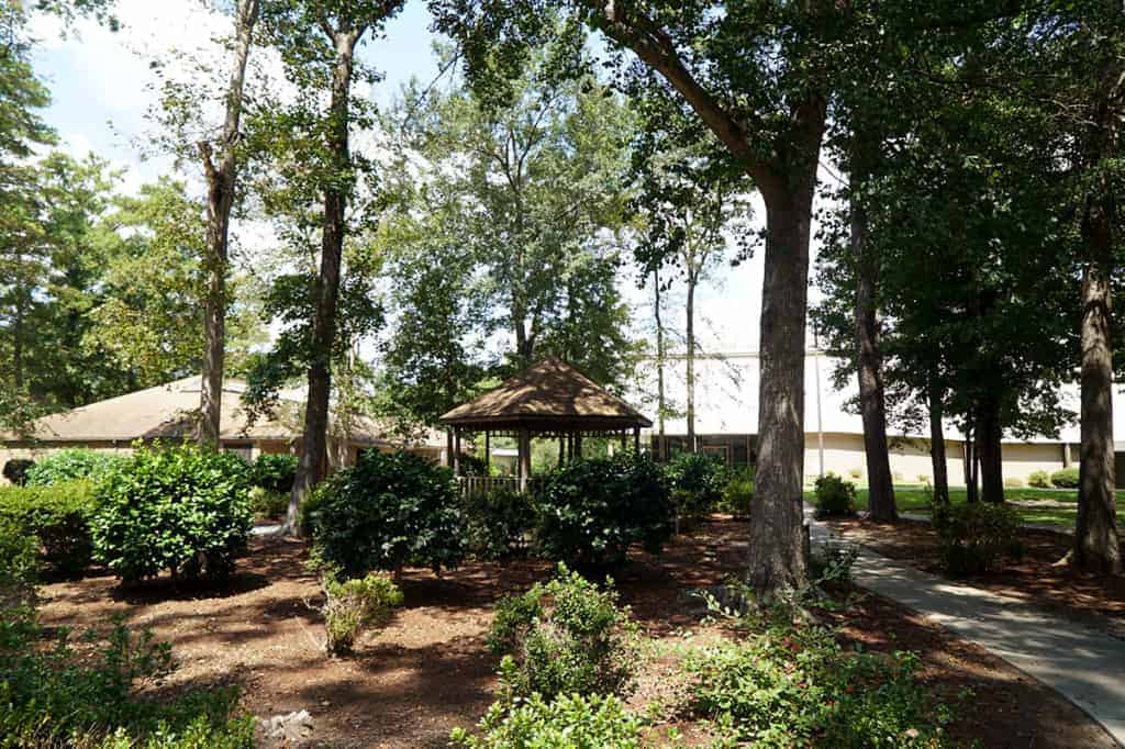 a pathway with trees and gazebo nearby