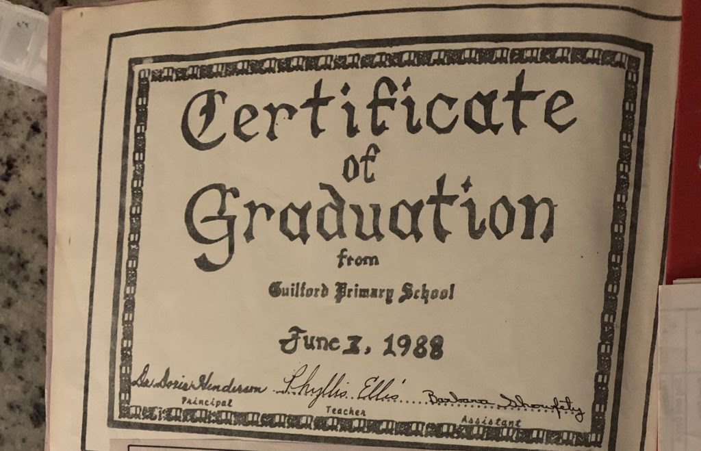 Whitney Oakley's graduation certificate after completing second grade at the K-2 Guilford Primary School in 1988.