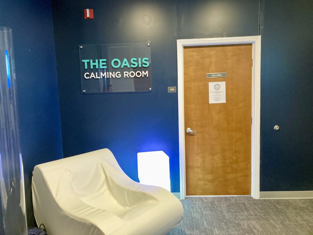 oasis calming room sign and chair