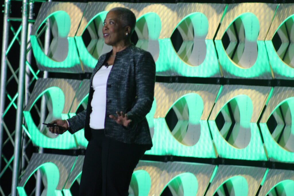 woman standing and smiling