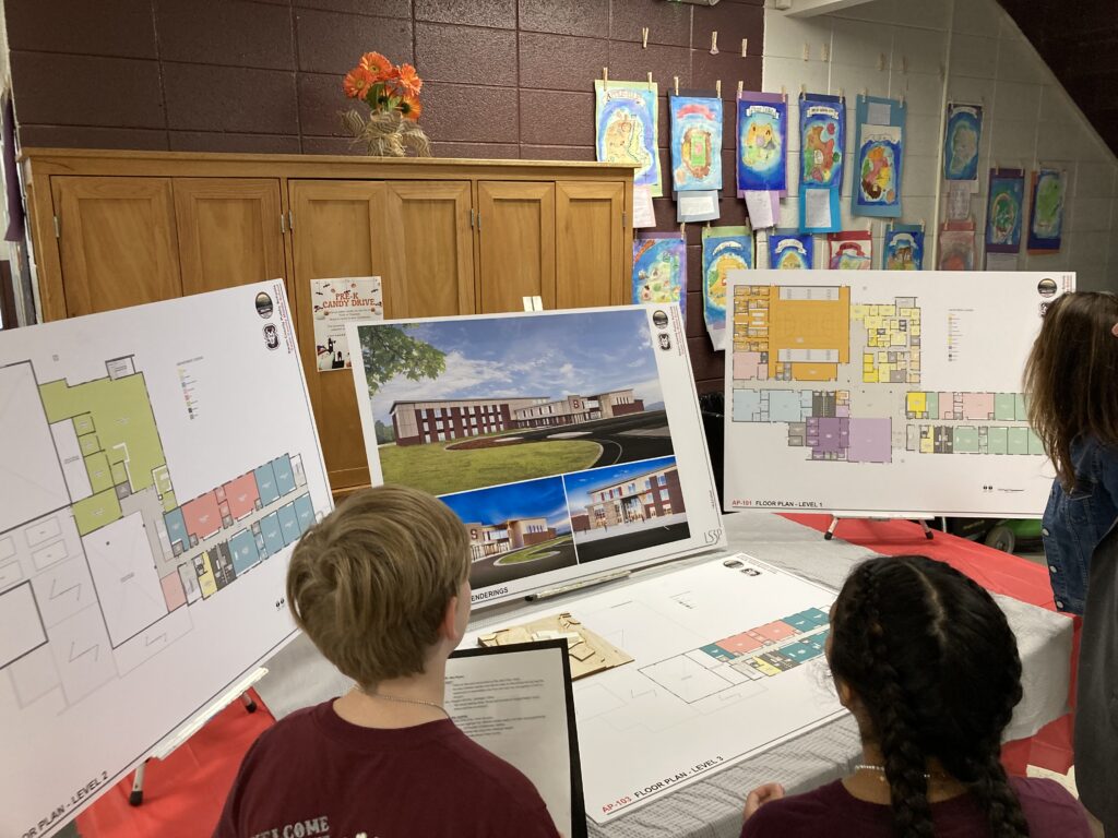 students looking at floor plans